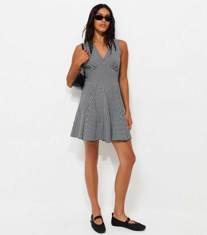 Black Gingham Textured V-Neck Mini Dress