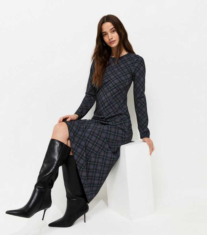 Blue Check Pattern Column Midaxi Dress
