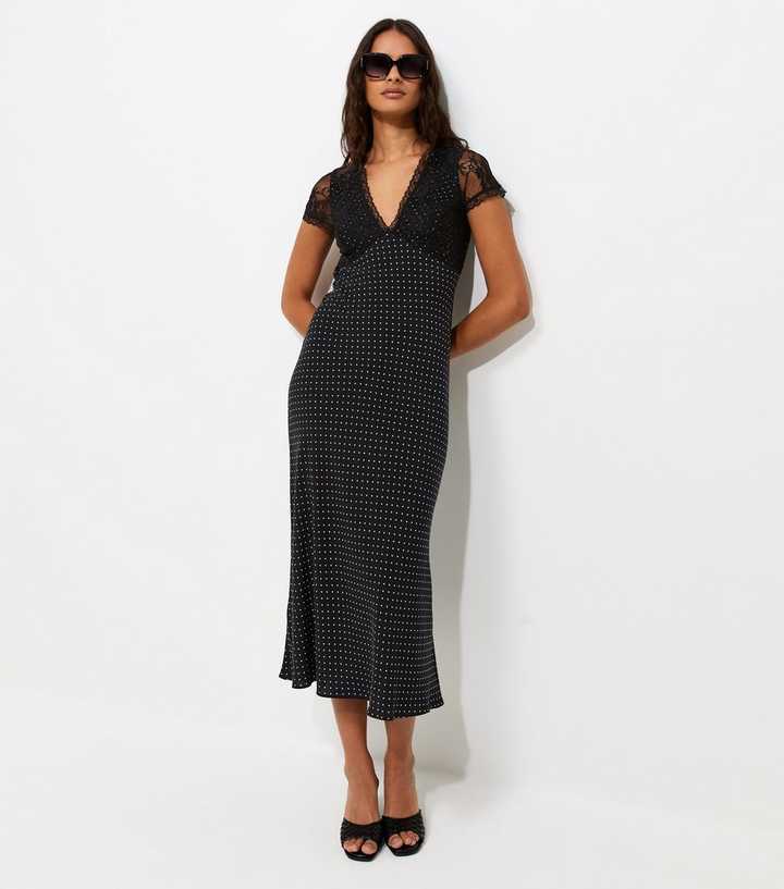 Black Polka Dot Lace Bust Cap Sleeve Midi Dress