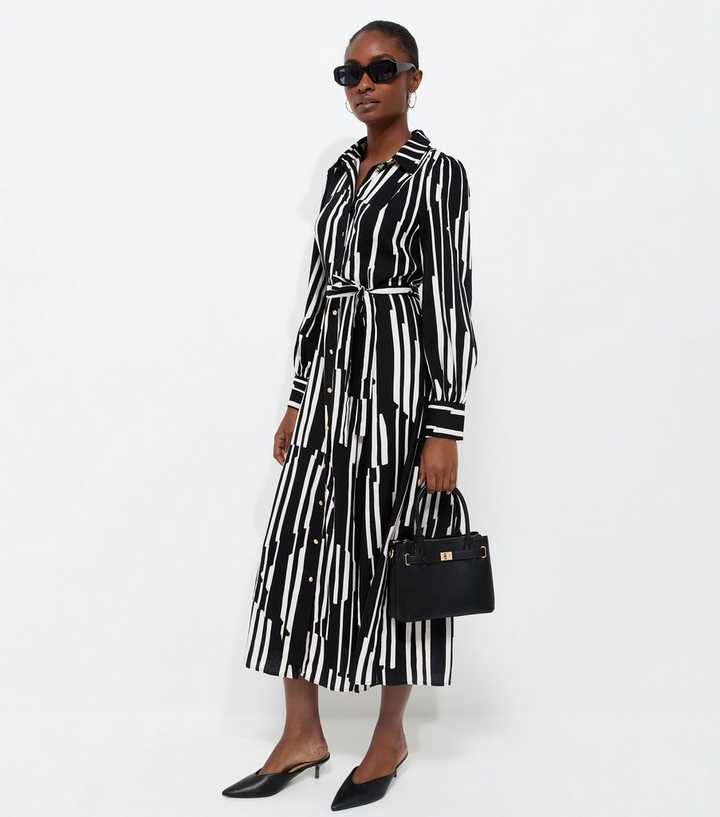 Black Striped Belted Midi Shirt Dress