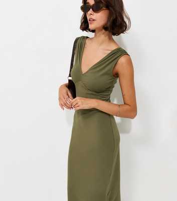 Dark Khaki Ruched Shoulder Sleeveless V-Neck Midi Dress