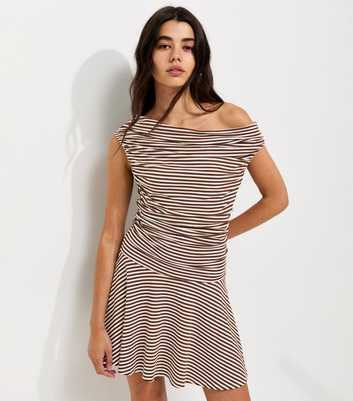 Brown Striped Slouchy Off the Shoulder Mini Dress