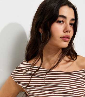 Brown Striped Slouchy Off the Shoulder Mini Dress
