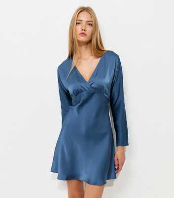 Blue Satin V-Neck Mini Dress