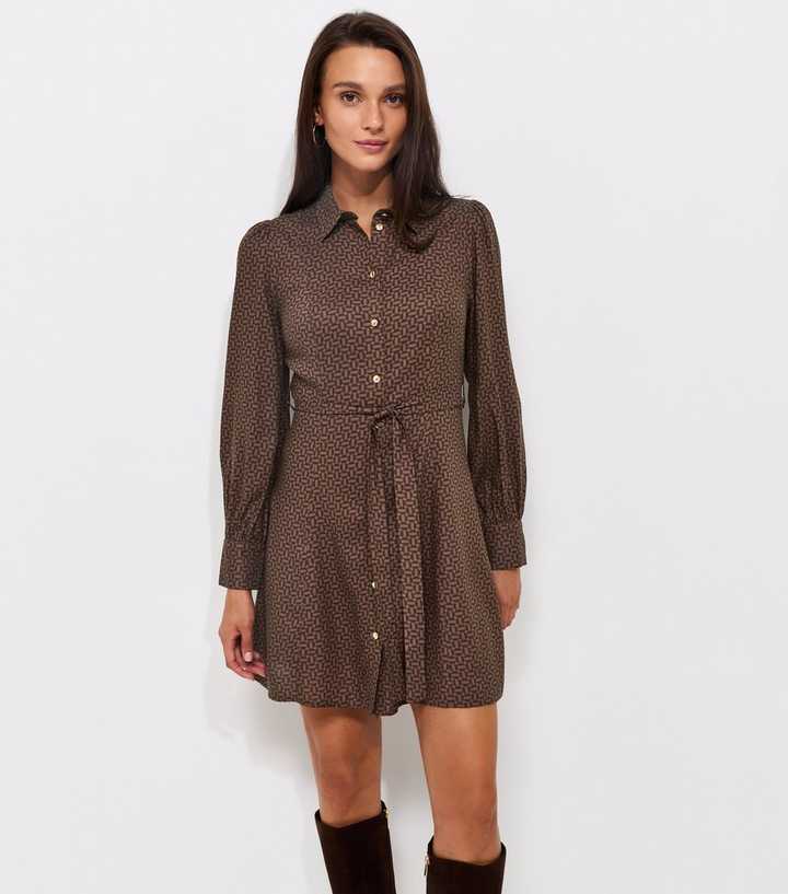 Brown Geometric Print Belted Mini Shirt Dress