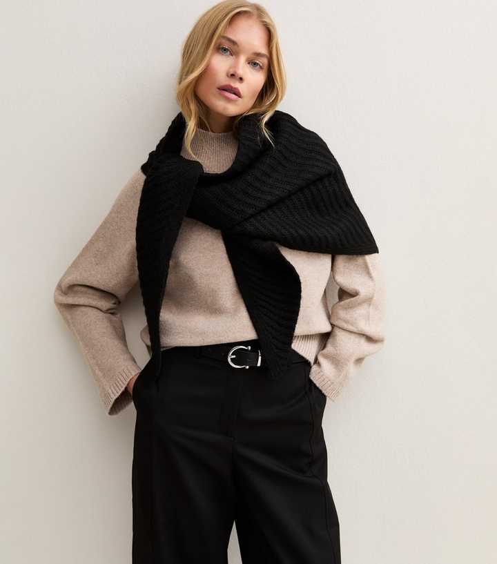 Black Ribbed Knit Triangle Shawl Scarf