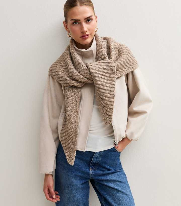 Mink Ribbed Knit Triangle Shawl Scarf