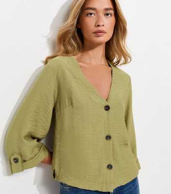 Tall Dark Khaki Crinkle Texture Button Front Shirt