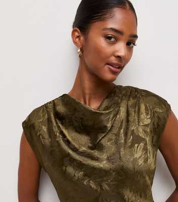 Dark Khaki Floral Jacquard Cowl Neck Top