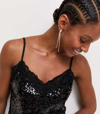 Black Sequin Lace Trim Cami Vest Top