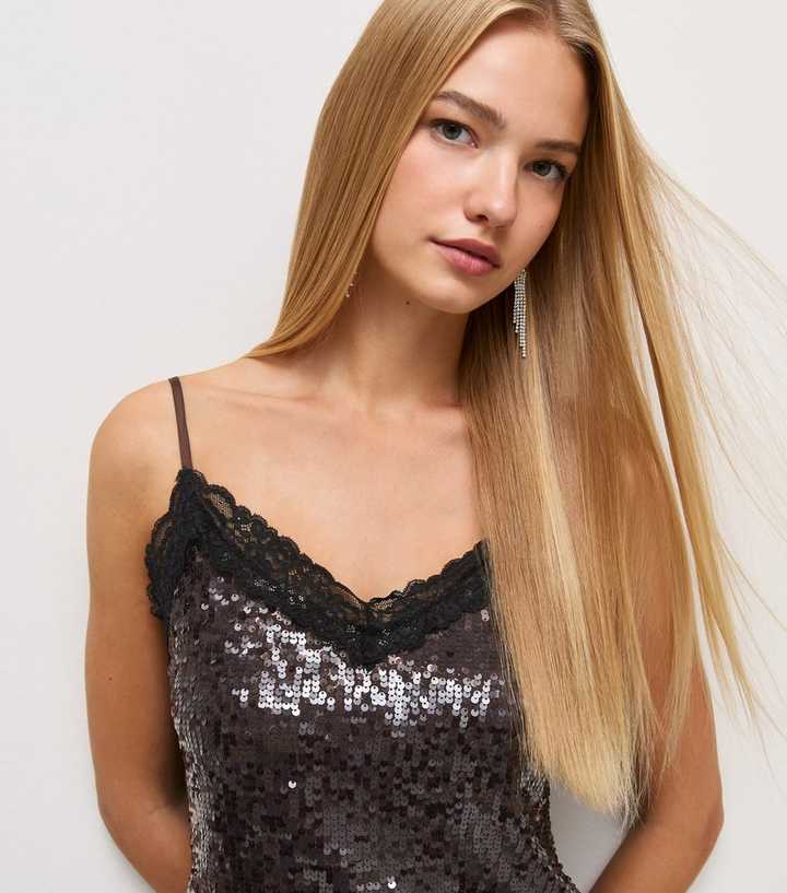 Dark Brown Sequin Lace Trim Cami Vest Top