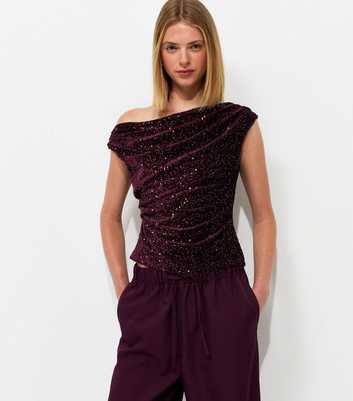 Dark Burgundy Velvet Sequin Fallen Shoulder Top