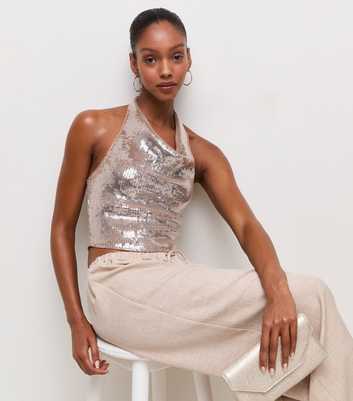 Mink Sequin Embellished Cowl Neck Halter Top