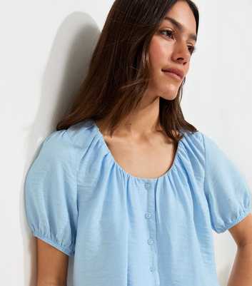 Petite Light Blue Button Drawstring Bubble Top