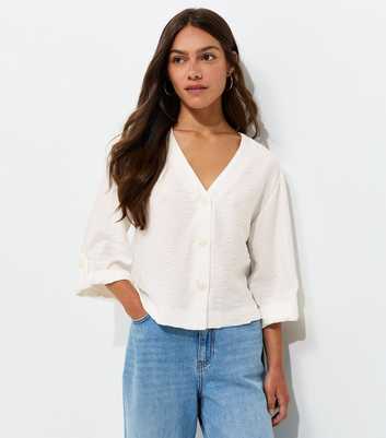 Petite Cream Crinkle Texture Wide Sleeve Cropped Shirt