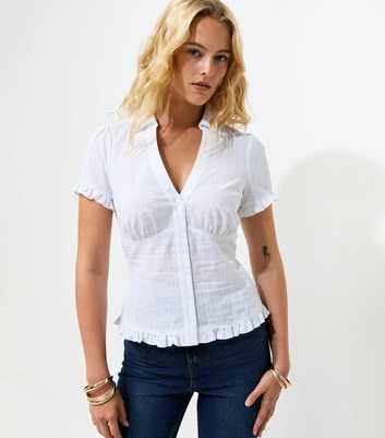 Tall White Cotton Frill Trim Short Sleeve Shirt