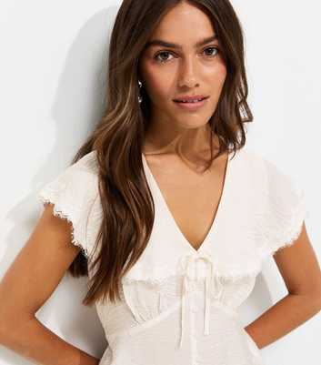 Petite Cream Crinkle Texture Faux Button Lace Cape Blouse