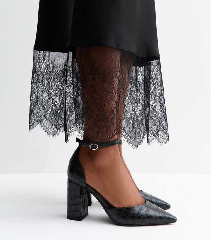 Wide Fit Black Crocodile Faux Leather Buckle Strap Pumps