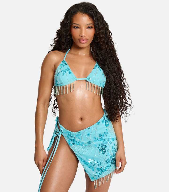 Public Desire Light Blue Beaded Triangle Bikini Top