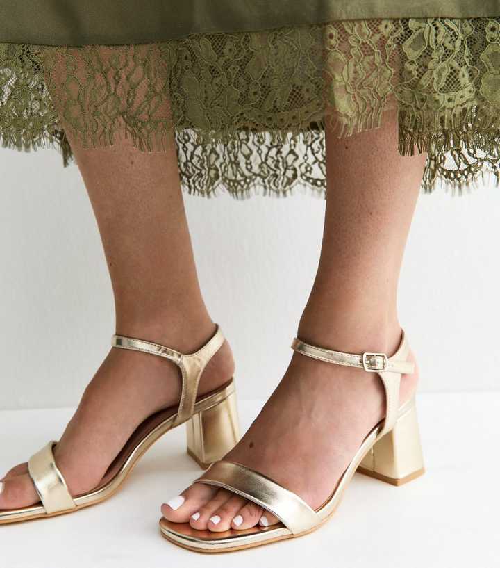 Wide Fit Gold Faux Leather Block Heel Sandals