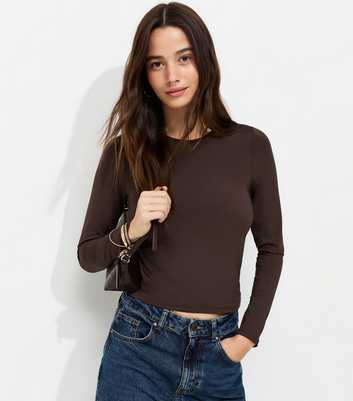 Dark Brown Slinky Jersey Long Sleeve Crew Neck Top