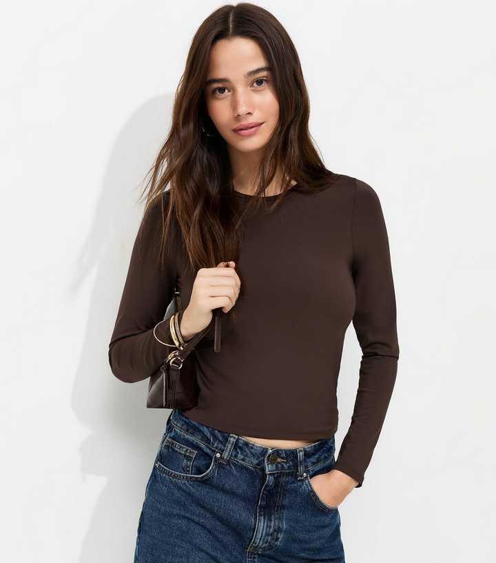 Dark Brown Slinky Jersey Long Sleeve Crew Neck Top