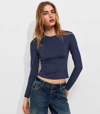 Navy Slinky Jersey Long Sleeve Crew Neck Top