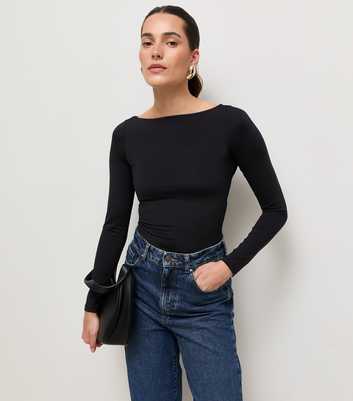 Black Slinky Long Sleeve Slash Neck Bodysuit