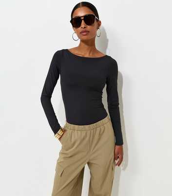 Black Slinky Long Sleeve Slash Neck Bodysuit