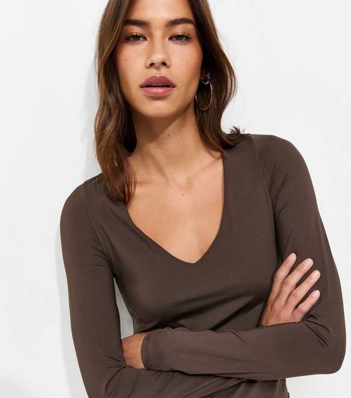 Dark Brown Slinky Jersey V-Neck Long Sleeve Top