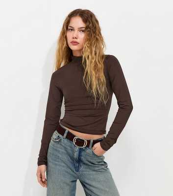 Dark Brown Slinky Jersey High Neck Long Sleeve Top