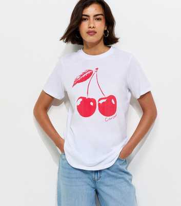 White Cotton Cherry Print T-Shirt