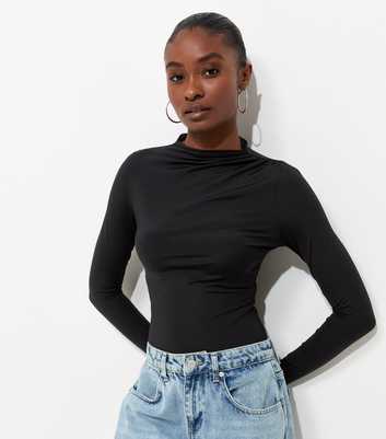 Black Slinky Draped High Neck Long Sleeve Bodysuit