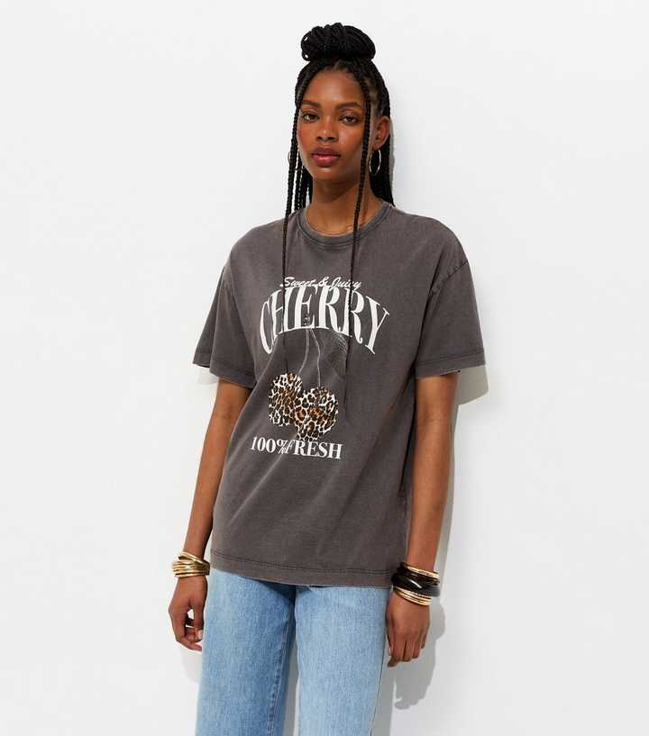 Dark Grey Cotton Print Cherry Print Oversized T-Shirt