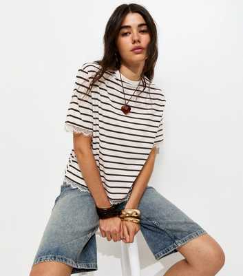 Brown Cotton Striped Lace Trim Boxy T-Shirt