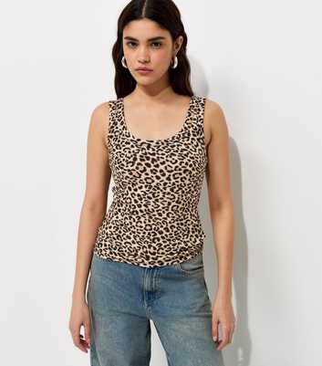Brown Cotton Rich Leopard Print Wide Strap Scoop Neck Vest