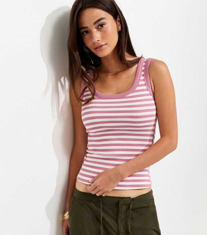 Pink Striped Scoop Neck Wide Strap Vest