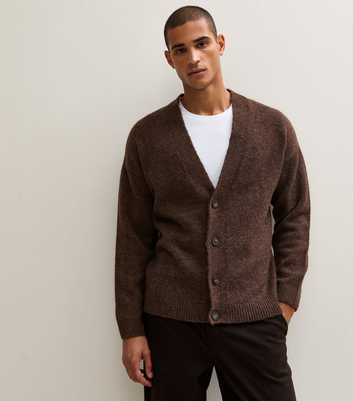 Dark Brown Relaxed Fit Fluffy Knit V Neck Cardigan
