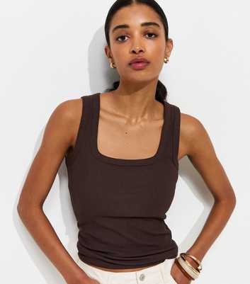 Dark Brown Ribbed Cotton Rich Square Neck Vest