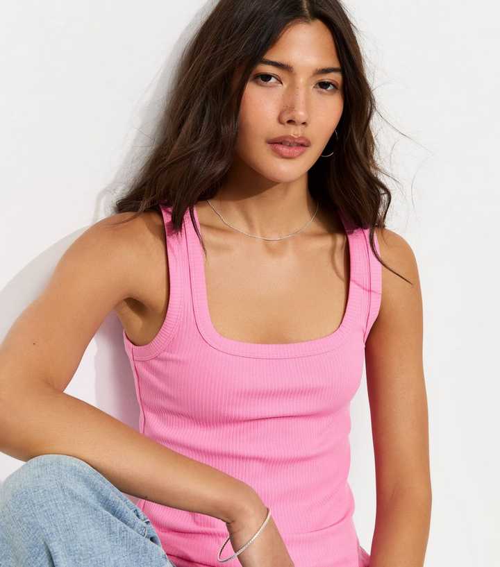 Bright Pink Ribbed Cotton Rich Square Neck Vest