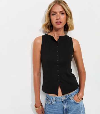 Black Cotton Rich Button Through Tank Top