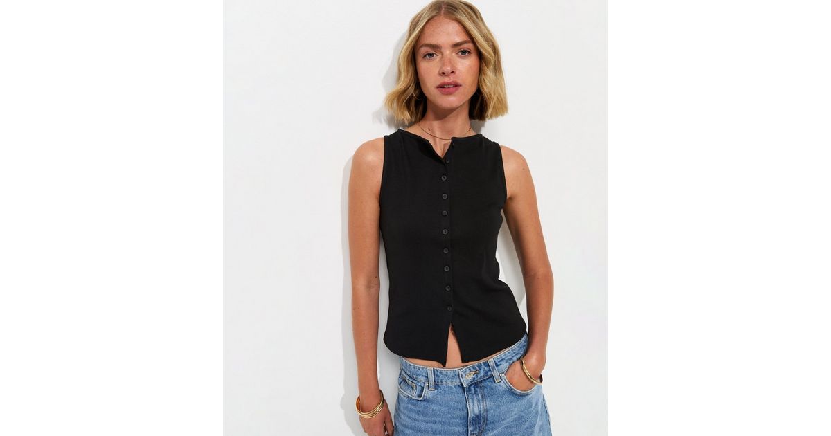 Black Cotton Rich Button Through Tank Top