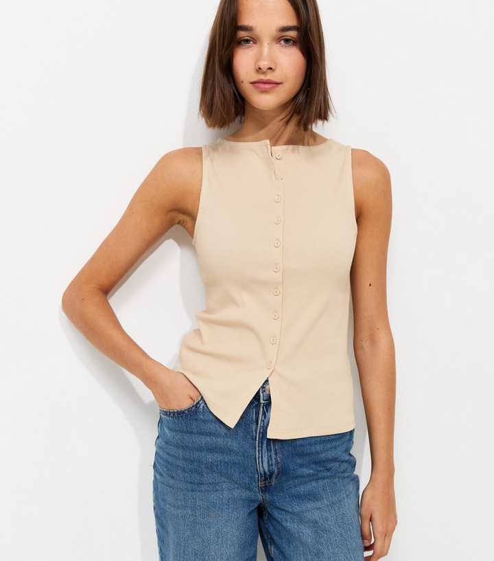 Stone Cotton Rich Button Through Tank Top