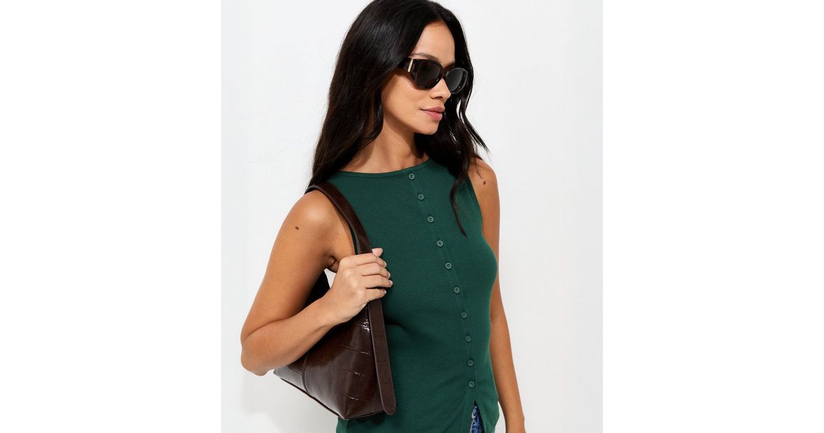 Dark Green Cotton Rich Button Through Tank Top