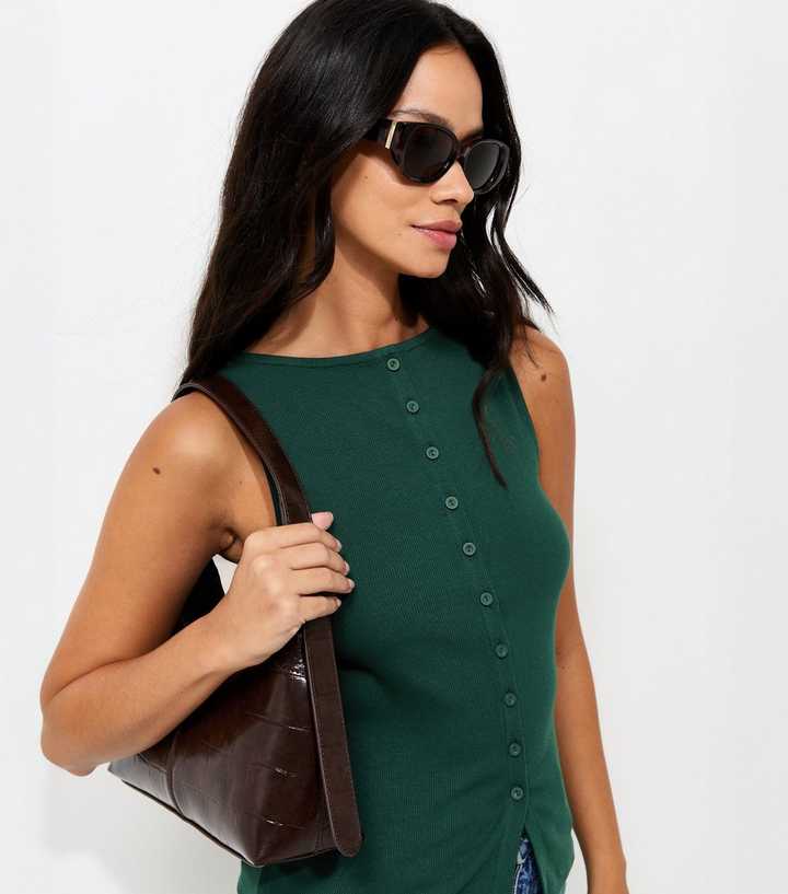 Dark Green Cotton Rich Button Through Tank Top