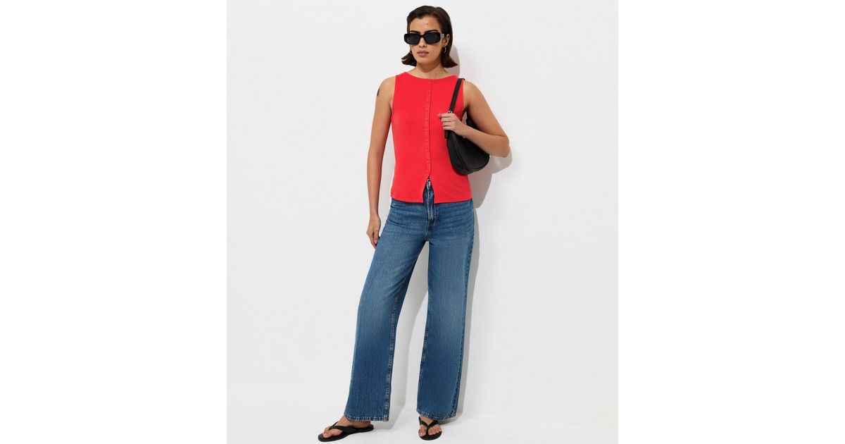 Bright Red Cotton Rich Button Through Tank Top