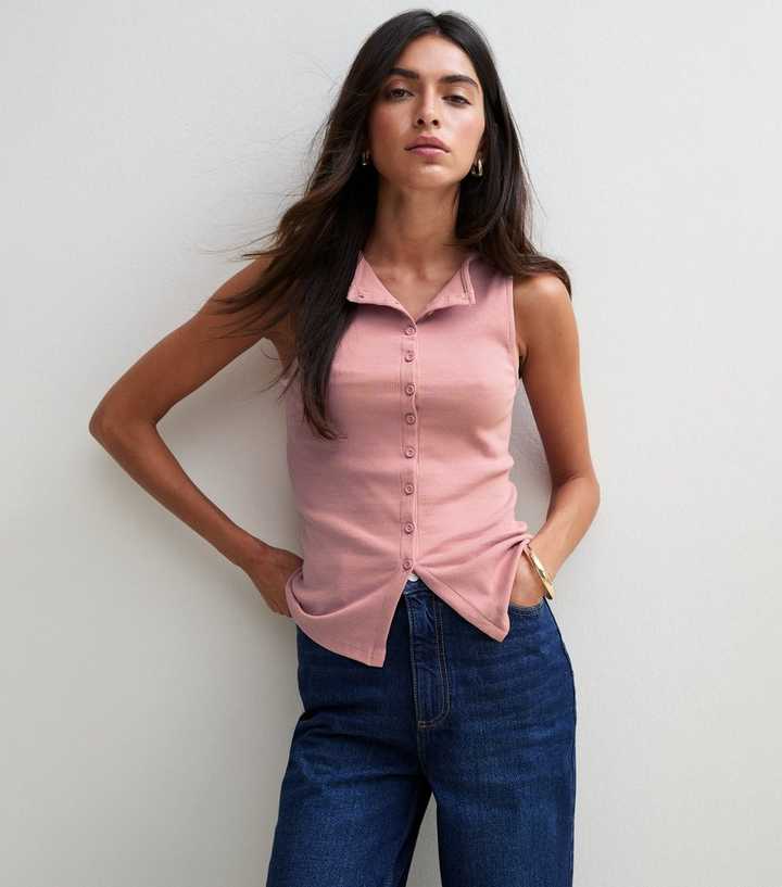 Light Pink Cotton Rich Button Through Tank Top