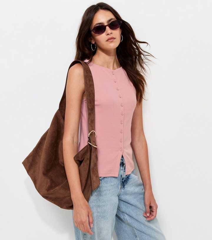 Light Pink Cotton Rich Button Through Tank Top