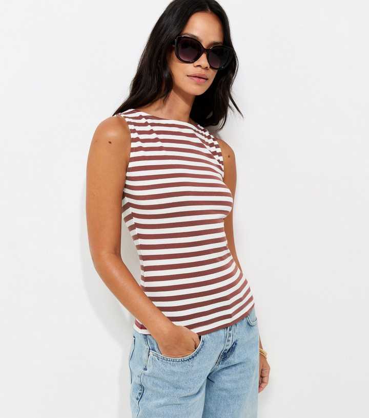 Red Striped Cotton Rich Boat Neck Sleeveless Top