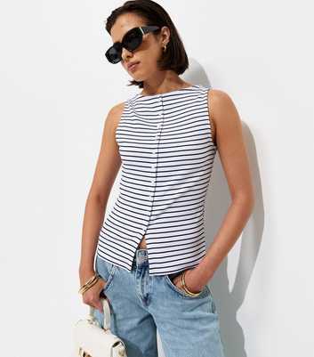 White Cotton Rich Stripe Pattern Button Through Tank Top